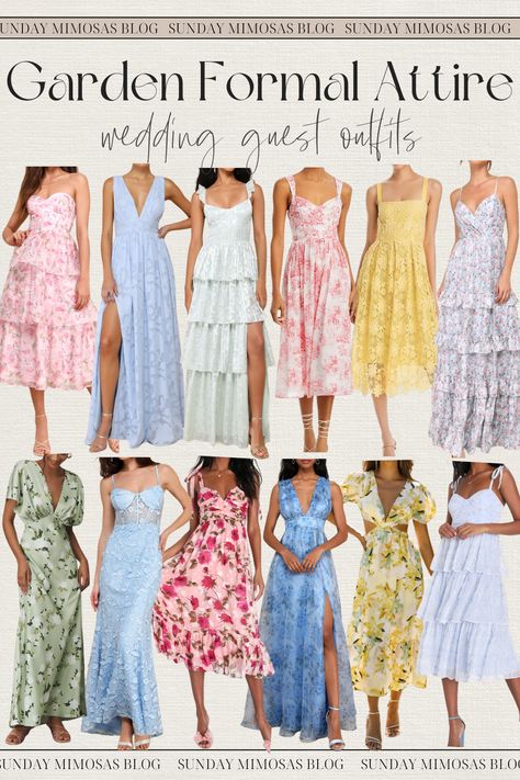 Colorful Garden Party Wedding Attire for Guest! We scoured the internet for the most beautiful Spring and Summer wedding guest dresses! If you're attending a garden party wedding, here are our favorite floral wedding guest dresses that you're going to love. Almost all of these are under $150 too! These would also work as a bridal shower outfit for guest, summer dinner party outfit or garden party outfit. Head to our most recent post for more garden formal wedding attire guest. Different Wedding Attire Guest, Summer Formal Attire Wedding, Dresses For Garden Wedding Guest, Pastel Wedding Outfit Guest, Night Garden Party Outfit, Secret Garden Outfit Ideas, Garden Party Chic Wedding Outfit Guest, Garden Party Formal Wedding Guest, Spring Garden Wedding Guest Outfit