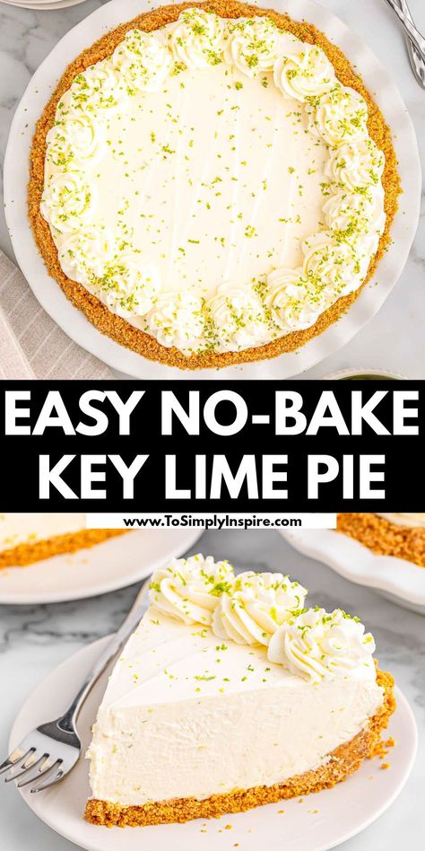 With a quick homemade graham cracker crust and a creamy filling made with cream cheese, sweetened condensed milk, whipped topping and fresh lime juice, this no-bake key lime pie is an easy recipe that’ll is a perfect dessert for holiday dinners and special occasions. Cream Cheese Sweetened Condensed Milk, Key Lime Pie Recipe No Bake, No Bake Key Lime Pie, Key Lime Cheesecake Recipe, No Bake Key Lime, Key Lime Recipes, Homemade Graham Cracker, Key Lime Pie Easy, Lemon Pie Recipe