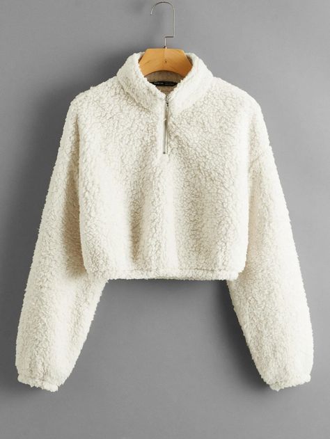 Zipper Half Placket Drop Shoulder Teddy Sweatshirt | SHEIN USA Trendy School Outfits, Cute Girls Outfits, Teddy Sweatshirt, School Outfits Ideas, White Pants Outfit, Sporty Pants, Teddy Bear Clothes, Quality Hoodies, Ideas De Outfits