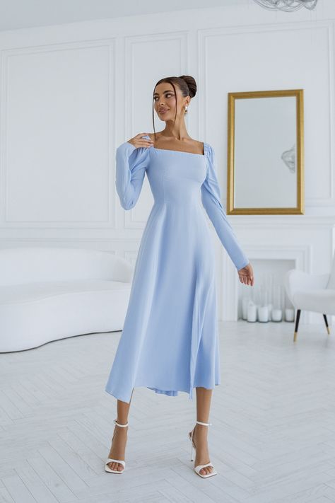 Embrace timeless elegance with our Sky Blue Square Neck Puff-Sleeve Midi Dress. The square neckline adds a touch of vintage charm, and the puff sleeves bring a contemporary flair. Whether it's a cocktail party or a romantic dinner, this dress will make you the center of attention. #mididress #squareneck #eveningdress #promdress #partydress #weddingdress #style #womendress #dresslover #fashion Winter Wonderland Dress, Square Neckline Long Sleeve, Sky Blue Dress, Backless Midi Dress, Belted Midi Dress, Puff Sleeve Dresses, Blue Square, Blue Outfit, Casual Summer Dresses