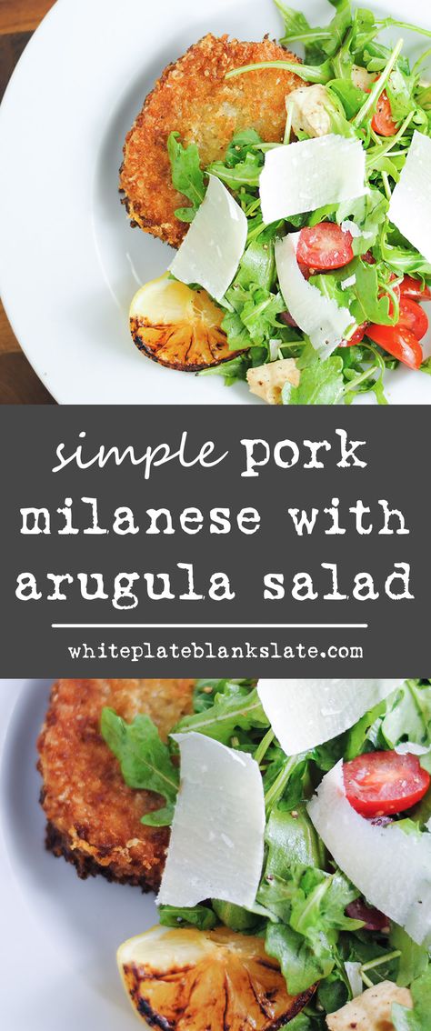 Pork Milanese With Arugula, Pork Chop Milanese Recipe, Pork Chop Milanese, Pork Milanese Recipe, Tomato And Mozzarella Salad, Delicious Discoveries, Charred Lemon, Pork Milanese, Milanese Recipe