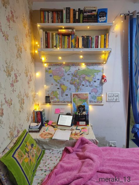 Study sessions Break Read travel and hustle 📚🧘‍♀️ 1 Rk Room Decor, Cozy Study Aesthetic, Study Table Decor, Diy Study Table, Bedroom Ideas For Small Rooms Diy, Hostel Room, Indian Room Decor, Indian Bedroom Decor, Cool Room Designs