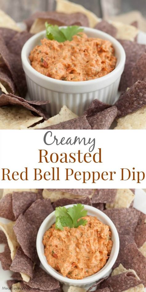 Creamy Roasted Red Bell Pepper Dip - Meal Planning Magic Bell Pepper Dip, Red Bell Pepper Recipes, Pepper Dip Recipe, Stuffed Bell Peppers Chicken, Roasted Red Bell Pepper, Baked Potato Dip, Bell Pepper Soup, Roasted Red Pepper Dip, Red Pepper Dip