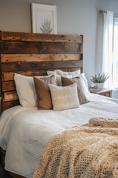 "Elevate your sleep space with a DIY Pallet Wood Headboard! 🛠️🛏️ Perfect for adding a rustic, handmade touch to your bedroom decor. 🌟✨ #PalletProjects #RusticBedroom #DIYHomeProjects" Pine Headboard Diy, Head Boards Diy, Pallet Wood Headboard Diy, Handmade Headboard, Diy King Headboard, Herringbone Headboard, Pallet Headboard Diy, Bedroom 2024, Homemade Decorations