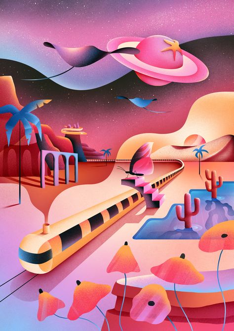 Dreamy Train on Behance Train Artwork Illustrations, Train Illustration Art, Bright Illustration Art, The Future Illustration, Gradient Illustration Design, Train Concept Art, Dimension Illustration, Future Illustration, Dreamy Illustration