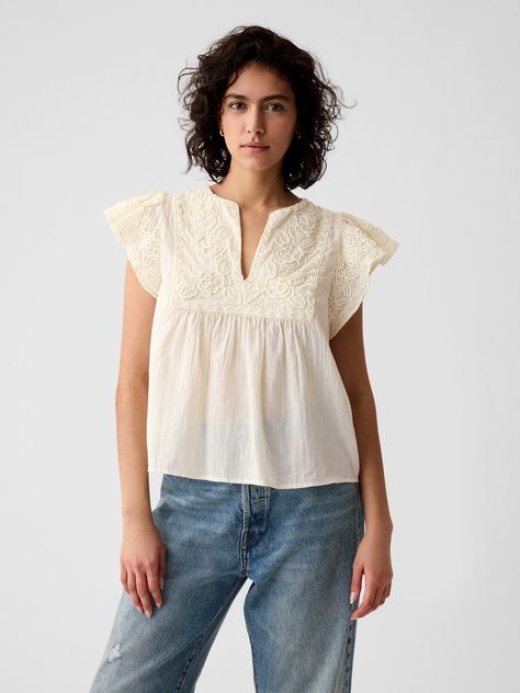 Soft crinkle gauze cotton cropped shirt.  V-neck.  Short flutter sleeves.  Embroidery at top and sleeves.  * Fit: Relaxed.  A straight & easy fit.  * Style Note: For a more Classic fit, go down one Cotton Gauze Top, Mom Clothes, Sleeves Embroidery, Cotton Shirts Women, Weather Outfits, Fall Mood, Women Shirt Top, Uniform Dress, Cropped Shirt