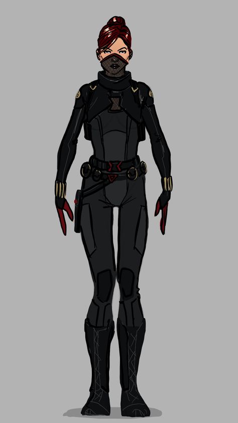 Black Widow (Comics) - Here I wanted to keep her general look, but with different break ups and pieces. Her mask is kinda a nod to her first look. The negative space between her leather armor and her sleeveless shirt makes the black widow symbol.  Also she needs her hair up for when she does missions. Black Widow Gadgets, Black Supersuits Female, Black Widow Assassin, Black Superhero Suit Female With Mask, Black Widow Oc Suit, Superhero Mask Design Female, Black Widow Redesign, Sleeveless Shirt Drawing, Black Widow Suit Design