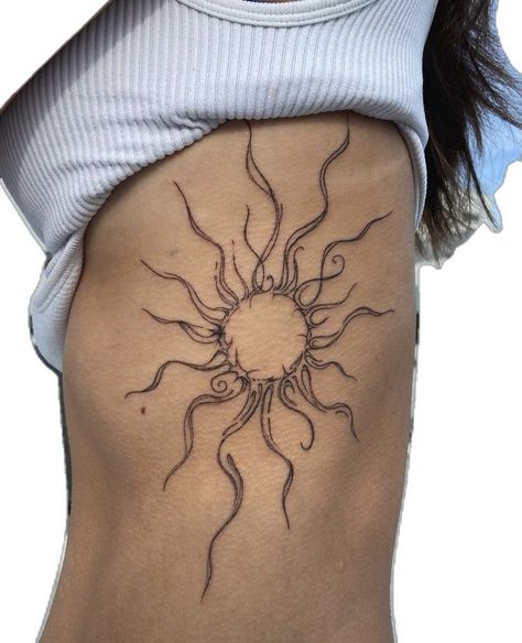 Earthy Thigh Tattoos, Unique Stomach Tattoos, Center Of Chest Tattoo Female, Sun Tattoo On Hip, Boho Tattoo Ideas Hippie Bohemian, Nature Spine Tattoo, Feminie Tattoos, Waist Tattoo, Small Thigh Tattoos