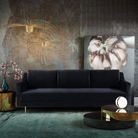 Mid Century Glam, Black Velvet Sofa, Popular Living Room, Grey Velvet Sofa, Black Living Room, Black Sofa, Black Furniture, Hollywood Glam, World Of Interiors