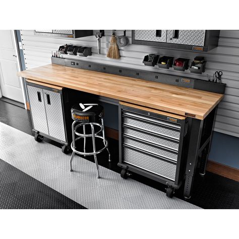 Gladiator 8-ft Hardwood Top Adjustable Height Workbench (Hammered Granite) - Sam's Club Rinnovo Garage, Rifacimento Garage, Gladiator Garage Storage, Officine In Garage, Adjustable Height Workbench, Gladiator Garage, Easy Garage Storage, Big Garage, Garage Organisation