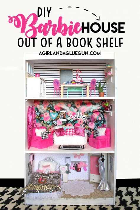 Barbie House out of a cheap bookcase! - A girl and a glue gun Cute Bedspreads, House Bookshelf, Cheap Bookcase, Barbie Organization, Cheap Bookshelves, Cubby Shelves, Small Terracotta Pots, Diy Barbie House, White Bookshelves