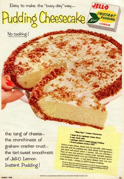 Busy-day lemon cheesecake (1959) #lemoncheesecake #cheesecakepie #lemonpie #quickrecipes #vintagerecipes #retrorecipes #vintagedesserts #desserts #cheesecakerecipes #lemonrecipes #fifties #1950s #clickamericana Cheesecake Pie Recipes, Lemon Cheesecake Recipes, No Bake Lemon Cheesecake, Kek Lapis, Pudding Cheesecake, Lemon Pudding, Easy Cheesecake Recipes, Savory Cakes, Jell O