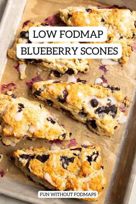 Start your day with fruit-filled low FODMAP blueberry scones! Perfect for breakfast or brunch, these scrumptious gluten-free baked goods are topped with a sweet lemon glaze. Ready in 1 hour with just 11 ingredients. #lowfodmap Low Fodmap Scone Recipes, Low Fodmap Brunch, Ibs Dessert Recipes, Low Fodmap Muffins, Low Fodmap Breakfast Recipes, Fodmap Sweets, Ibs Diet Recipes, Low Fodmap Breakfast, Fodmap Baking