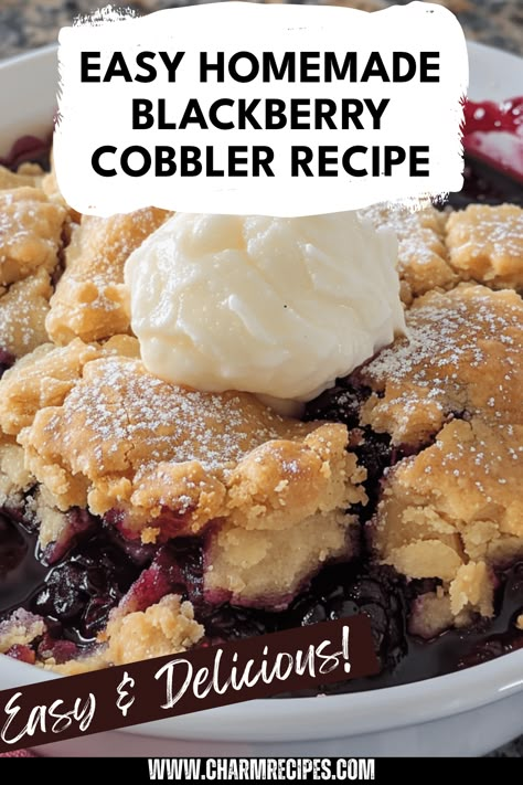 Whip up a delightful homemade blackberry cobbler and capture summer in every bite. This sweet dessert combines fresh blackberries and a buttery, flaky crust that's hard to resist. Perfect for family gatherings or backyard barbecues, this refreshing cobbler is a crowd-pleaser. Whether you're using frozen or fresh berries, it's simple to make and utterly delicious. Bake this easy recipe from scratch and enjoy the magical flavors of ripe blackberries, sugar, and a hint of lemon zest delivered straight to your table. Serve warm with whipped cream for the ultimate treat! Blackberry Raspberry Cobbler, Recipes For Frozen Blackberries, Quick Blackberry Cobbler, The Best Blackberry Cobbler, Simple Berry Cobbler, Blackberry Lemon Cobbler, Blackberry Cobbler For One, Blackberry Filling Recipe, Blackberry Cobbler Recipe Easy