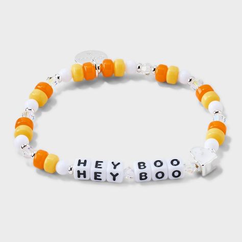 Tagline: You're boo-tiful Description: It's not just fall; it's spooky season. Get ready for the best time of the year with this exclusive "Hey Boo" bracelet from Little Words Project®, featuring a custom friendly ghost casted bead. This playful accessory adds a touch of Halloween spirit to any look! This Little Word™is more than just a bracelet. It’s your key to inspiring a kinder world. Wear your word as long as you need it. When you’re ready, pass it on to someone else who needs it more. Each Halloween Beaded Bracelets Diy, Pink Halloween Bracelet, Soda Tap Bracelets, Spooky Bracelet Ideas, Spooky Friendship Bracelet, Words To Put On A Bracelet, Beaded Bracelets Halloween, Diy Bracelet Inspiration, Halloween Bracelets Ideas