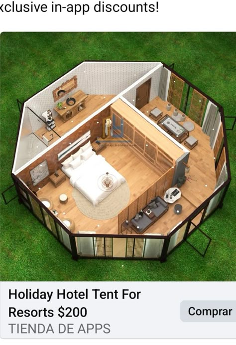 Octagon Bedroom Layout, Mini Resort Ideas, Bell Tent Interior, Hexagon House, Round House Plans, Small Modern House Plans, Camping Pod, Geodesic Dome Homes, Summer Mantle