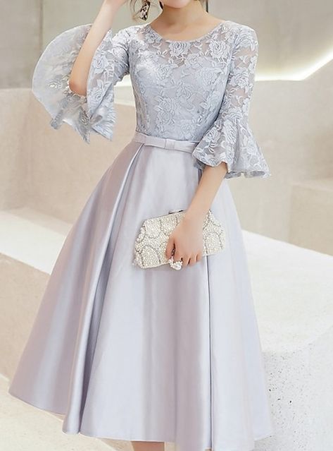 Midi Homecoming Dresses, Dress With Lace Sleeves, Grey Tea, Evening Gowns Elegant, Long Evening Gowns, فستان سهرة, Midi Cocktail Dress, Prom Dresses With Sleeves, Tea Length Dresses