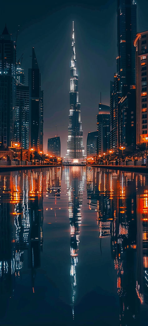 A mesmerizing bird's eye view of Dubai at night, where the Burj Khalifa reflects perfectly in the water on an empty street. Warm lights and orange light trails cut through the scene, framed by towering black skyscrapers. The perfect capture of modern beauty and urban elegance. 🌃✨ #DubaiNights #BurjKhalifa #UrbanReflections
#NightCityscape #DubaiSkyline #LightTrails #BirdsEyeView #CityReflections #ArchitecturalBeauty #ModernSkyscrapers #CityAtNight #DubaiElegance Dubai Night View, Dubai Painting, Dubai Street, Dubai At Night, Night In Dubai, Empty Street, The Burj Khalifa, Dubai Architecture, Modern Skyscrapers