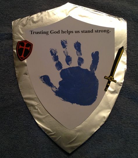 VBS 2013 Day 4 Foil covered poster board shield with card stock shield on top. Use craft paint for hand print. Decorate with VBS stickers or foam shapes. Shield Of Faith Craft, God Activities, Castle Vbs, Armor Of God Lesson, Armour Of God, Bible Story Crafts, Preschool Bible, Snacks For Kids, Bible School Crafts