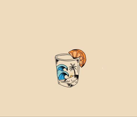 Beach tattoo shot glass orange godpuppet art Alcohol Glass Tattoo, Small Tequila Shot Tattoo, Beach Tattoo Ideas Men, Beach Vacation Tattoo Ideas, Beach Tattoo Men, Shot Glass Tattoo Ideas, Margaritaville Tattoo, Tequila Tattoo Ideas, Tequila Shot Tattoo