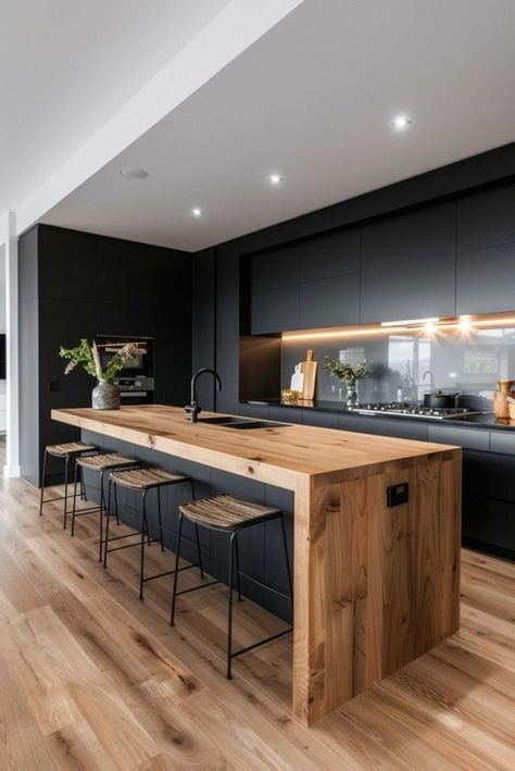 Open Kitchen Ideas With Island, Kitchen Ideas Wood Cabinets Modern, Black And Wood Island Kitchen, Kitchen Interior Wooden Floor, Wooden Accent Kitchen, Black Kitchen With Wood Island, Kitchen Island Contrast, Black White And Wood House Decor, House Design Wood Modern