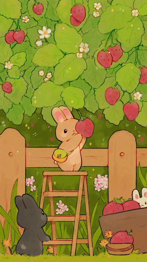 Strawberry Bunny Aesthetic, Bunny Drawing Wallpaper, Cute Strawberry Background, Strawberry Bunny Wallpaper, Aesthetic Bunny Drawing, Aesthetic Wallpaper Strawberry, Painting Ideas Strawberry, Cartoon Bunny Drawing, Kawaii Bunny Wallpaper