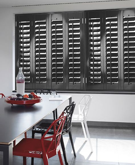 Dark Brown Interior, Cafe Style Shutters, Wooden Window Shutters, Interior Window Shutters, Interior Window, Black Shutters, Shutter Blinds, Barn Interior, Interior Shutters