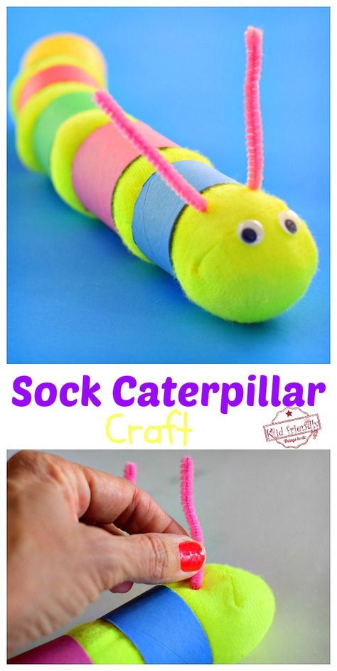 Sock Caterpillar Craft for Kids to Make! This is such a cute and simple Caterpillar Craft for Kids to make. Perfect for toddlers, preschoolers, and kids of all ages! #caterpillarcraftforpreschool www.kidfriendlythingstodo.com #caterpillarcraftforkindergarten #caterpillarcraftfortoddlers #caterpillarcraftforkids Sock Caterpillar, Butterflies Theme, Hungry Caterpillar Craft, Caterpillar Craft, Preschool Stem, Amazing Crafts, Arts And Crafts Furniture, Sand Crafts, Spring Fun