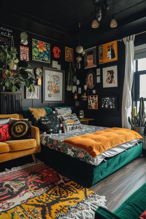 Studio Apartments & Maximalism: How to Fit a Big Interior Style Into Your Small Studio — Moda Misfit | Small Apartment Styling + Cozy Living Grey Maximalist Bedroom, Moody Maximalist Decor Apartment, Bedroom Wall Decor Maximalist, Maximalist Cozy Bedroom, Retro Aesthetic Bedroom Ideas, Cozy Maximalist Apartment, Moody Maximalist Apartment, Dark Room Color Schemes, Electric Aesthetic Room