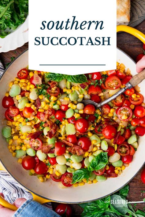 This Southern succotash recipe is an easy side dish or affordable entrée that pairs sweet corn, lima beans, and tomatoes with savory, salty bacon, rich butter, and fresh herbs. Take advantage of fresh summer produce or use frozen veggies in the off season! Succotash Recipes, Southern Succotash, Lima Bean Recipes, Summer Succotash, Succotash Recipe, Corn Succotash, Freeze Beans, Corn Recipes Side Dishes, Beans And Tomatoes