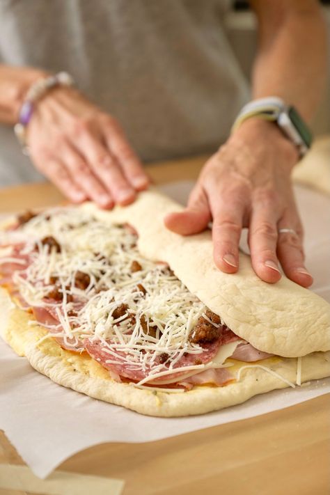 French Bread Stromboli, Frozen Bread Dough Pizza, Italian Calzones With Pizza Dough, Pizza Dough Stromboli Recipe, Recipes Using Frozen Pizza Dough, Stromboli Video Recipe, Recipes With Premade Pizza Dough, Puff Pastry Stromboli, Faccia Bread Recipes Easy