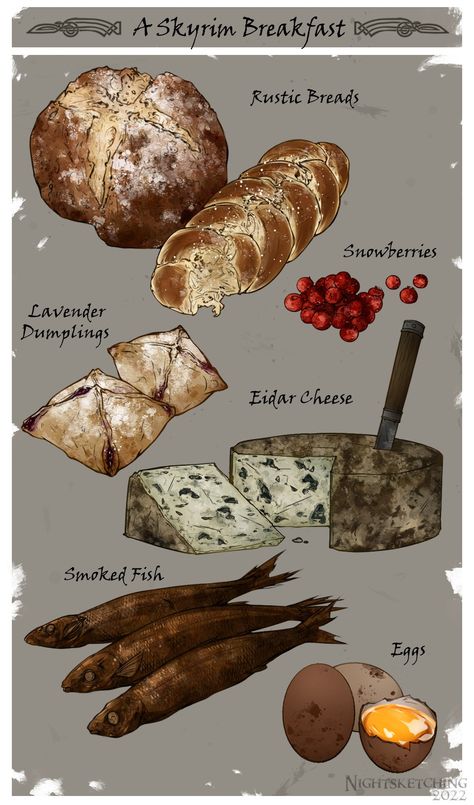 Fantasy Cookbook, Skyrim Food, Monster Food, Dnd Races, Food Fantasy, Japanese Drawings, Fantasy Props, Meal Of The Day, Food Concept