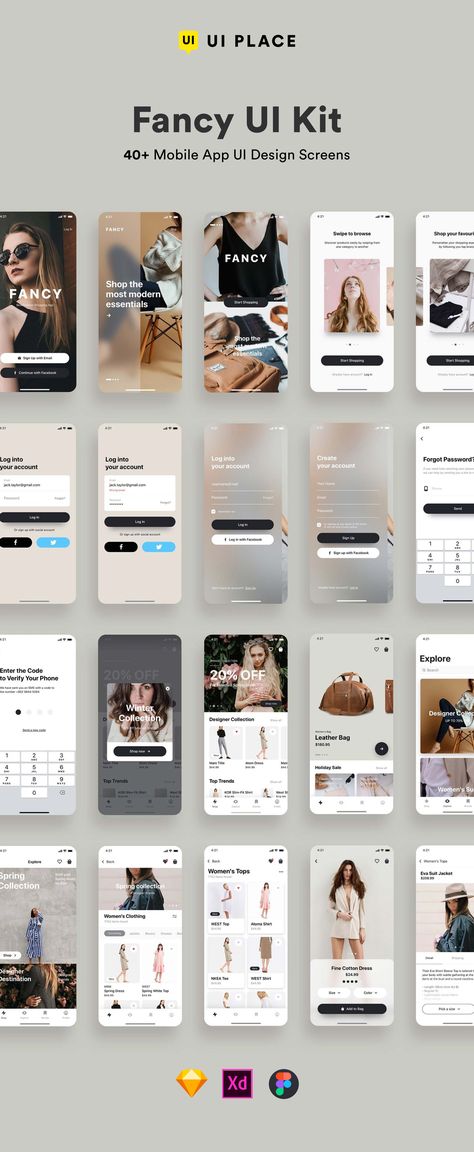 Fancy Fashion App UI Kit is a pack of delicate UI design screen templates that will help you to design clear user interfaces for fashion ecommerce shopping apps like Zara, ASOS or H&M faster and easier. Choose from the vast number of UI design elements that enable you to update with your own content, fonts & colours. #ui #design #shopping #fashion #clothing #template #app #screen Mobile App Style Guide, Ecommerce App Home Screen, Fashion Application Design, Beauty App Design, Fashion App Design, App Screen Design, Zara App, Ecommerce Ui Design, Shopping Apps