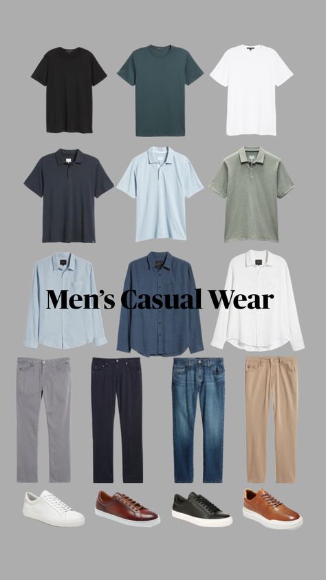 Every piece goes with each other in some way. Closet Essentials Men, Men’s Wardrobe Essentials, Shirt Pant Combination Men Color Combos, Capsule Wardrobe Men Minimalist, Mens Basic Wardrobe Essentials, Men Capsule Wardrobe, Minimalist Wardrobe Men, Business Casual Men Summer, Best Casual Wear For Men