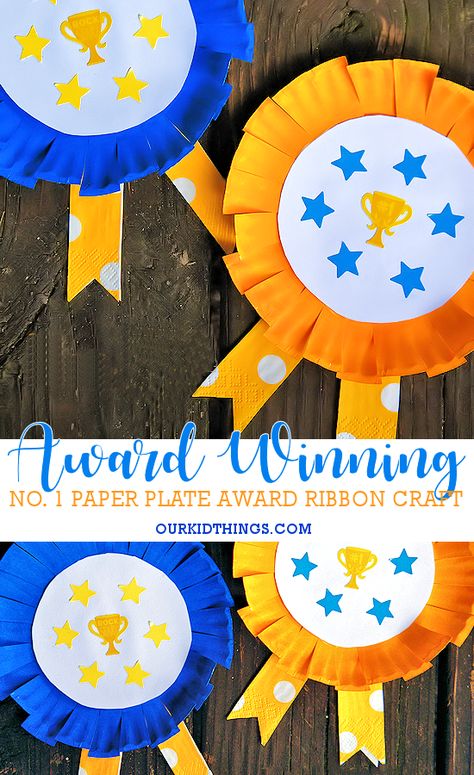 Celebrate Big Wins with our Paper Plate #1 Award Ribbon Craft! For kids, sports, and a great award for Father's Day, too! #kids #paperplatecraft #award #backtoschool #fathersday #1 #ad Talent Show Crafts For Kids, Gymnastics Crafts For Kids, Gymnastics Crafts, Paper Plate Awards, Hockey Awards, Sport Themed Crafts, Trophy Craft, Gymnastics Camp, Olympic Crafts