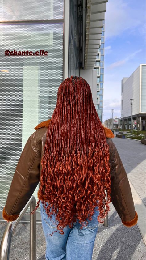 Color 350 Goddess Box Braids, Ginger Goddess Braids Black Women, 2 Coloured Braids, Colour 350 Knotless Braids With Curls, Copper Hair Braids Black Women, Autumn Box Braids, Ginger Coloured Braids, Braid Colours For Black Women, Knotless Braids 350