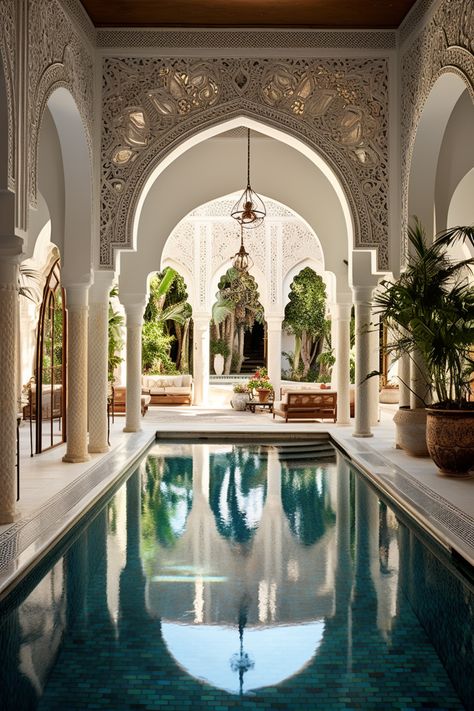 Moroccan Indoor Pool, Moroccan Pool Area, Morrocan Interieur Design, Arabian Home Design, Moroccan Pool Design, Moroccan House Aesthetic, Moroccan Inspired Home, Moroccan Home Exterior, Vintage Glam Dining Room