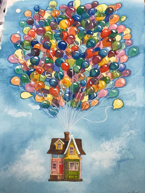 Up Disney Painting, Up House Watercolor, Up The Movie Drawings, Up Art Pixar, Movie Up Painting, House From Up Painting, Disney Movie Paintings, Up Painting Disney, Up Pixar Art