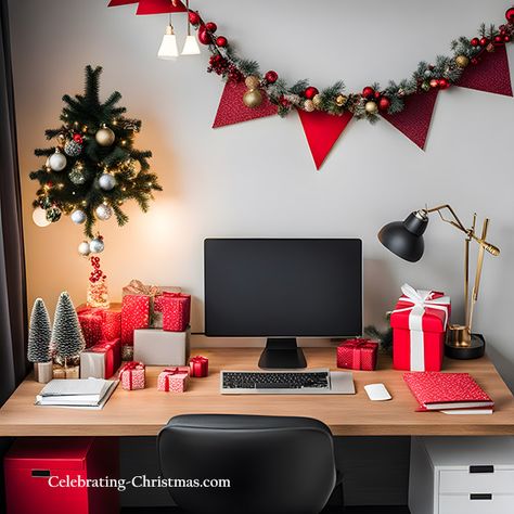 Desk Decor For Christmas, Workspace Christmas Decorations, Office Decoration For Christmas, Cubicle Decor For Christmas, Xmas Office Decor, Christmas Decor In Office, Desk Decor Ideas Christmas, Christmas Decor Ideas Office Lobby, Decorate Desk For Christmas