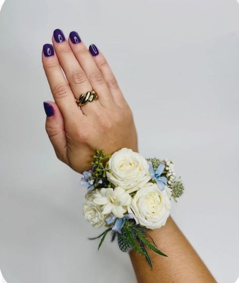 Blooming Business Flowers White Flower Corsage Prom, Under The Sea Corsage, Blue White Corsage, Simple Corsage Homecoming, Homecoming Corsages Wristlets, Corsage With Navy Dress, Wedding Flowers Corsage, White And Blue Wrist Corsage, Simple Wrist Corsage Prom