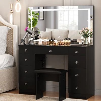 Everly Quinn Stainless steel box Makeup vanity | Wayfair Vanity With Led Mirror, Vibe House, Studio Vanity, Black Apartment, Wide Mirror, Modern Makeup Vanity, Bedroom Makeup Vanity, Vanity Table Set, Large Vanity