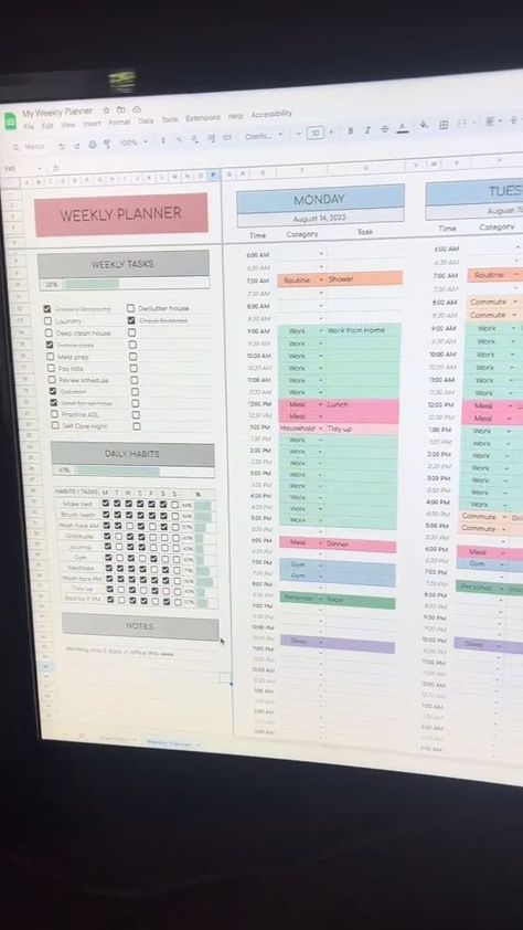 Stay organized and productive with our Weekly Planner! This Google Sheets template is perfect for keeping track of your weekly tasks, daily habits, to-do lists, and schedule. With time blocking for each day of the week, you can easily plan out your day and ensure that you're making the most of your time. The daily habits tracker allows you to monitor your progress towards your goals, while the task tracker and to-do list keep you on top of your assignments and deadlines. Organisation, Microsoft Excel Tutorial, To Do Planner, Digital Organization, Weekly Planner Template, Excel Tutorials, Content Calendar, Financial Life Hacks, Schedule Template