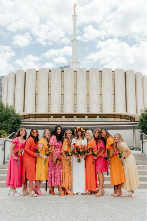 Neon Wedding Bridesmaid, Spanish Themed Bridesmaid Dresses, Bridesmaids Dresses Sunset Colors, Vivid Bridesmaid Dresses, Mismatched Bridesmaid Dresses Green And Orange, Sunrise Wedding Colors Bridesmaid Dresses, Pink And Orange Bridesmaid Dress, Warm Colors Bridesmaid Dresses, Bridesmaids Colorful Dresses