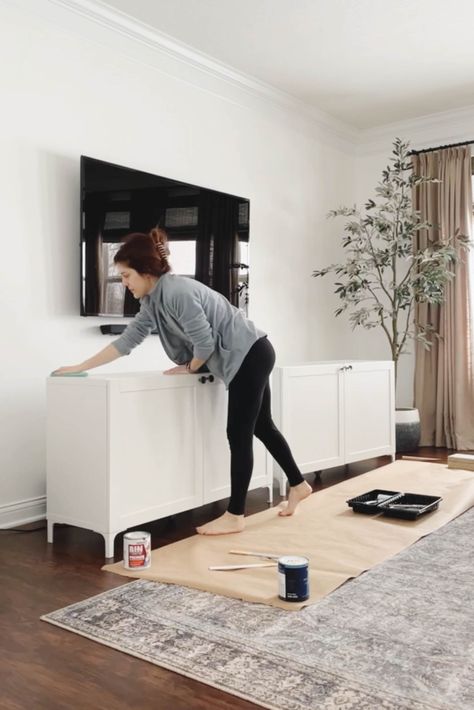 Sideboard Buffet Ikea, Side Board Tv Stand, Ikea Kallax Media Console, Redo Ikea Furniture, Large Tv Stand Ideas, Modern Tv Console Decor, Ikea Cabinets Under Tv, Painting Besta Ikea, Long Wall Cabinets Living Room