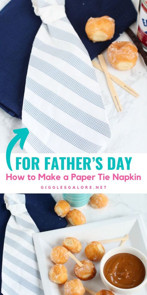 Napkin in a Tie Shape. With Text Reading: How to Fold a Napkin into a Tie for Father's Day. Diy Necktie, How To Make A Tie, Fold A Napkin, Paper Napkin Folding, Creative Party Ideas, Cute Craft, Diy Gifts For Dad, Tie Crafts, How To Fold