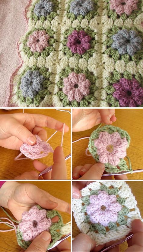 Puff Flower Blanket Free Crochet Pattern Tutorial Granny Square Puff Flower, Crochet Puff Flower Granny Square, Puff Flower Blanket, Crochet Popcorn, Crochet Puff Flower, Puff Flower, Crochet Pattern Tutorial, Rose Patterns, Granny Square Crochet Patterns Free