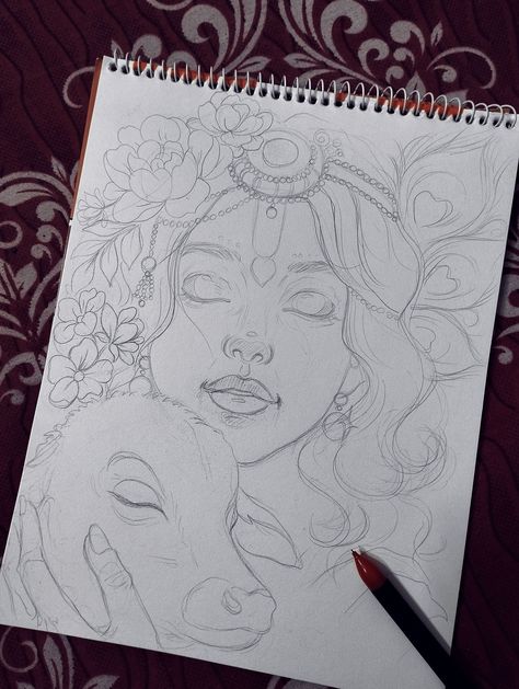 Radhe Drawing Pencil, Pencil Art Drawings God Krishna, Aesthetic Drawing Of Krishna, Pencil Sketching Ideas Creative, Canvas Drawings Pencil, Sketch Ideas Of God, Krishna God Drawing, Krishna Painting Pencil Sketch, Canvas Pencil Drawings