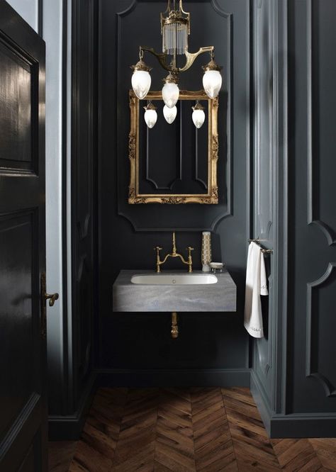 Mad About The House, Dark Bathrooms, Bad Inspiration, Herringbone Floor, Home Luxury, Dark Walls, Salon Interior Design, Floating Vanity, Bathroom Trends