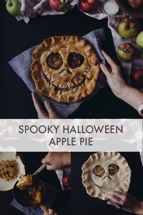 Spooky halloween apple pie. A yummy and fun twist that's easy as pie to make! #ApplePie #HalloweenDessert #SpookyApplePie Halloween Apple Pie, Samhain Recipes, Pasteles Halloween, Creepy Halloween Food, Halloween Apples, Spooky Halloween Food, Dessert Halloween, Postres Halloween, Spooky Food