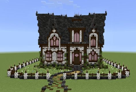 Pink Victorian House Minecraft, Goth Mc House, Minecraft Gothic Cottage, Cobbled Deep Slate House Minecraft, Gothic Windows Minecraft, Gothic Mc House, Witch Castle Minecraft, Minecraft Waffle House, Fairy Tale Minecraft Builds